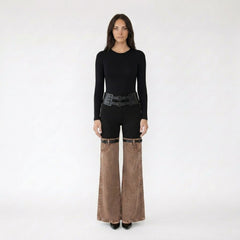 High-Waist Two-Tone Flared Trousers with Belted Thigh Detail