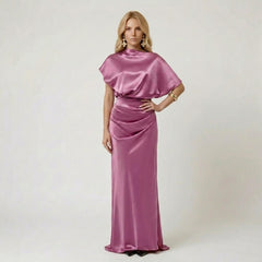 Satin Boat Neck Drape Top Ruched Maxi Dress
