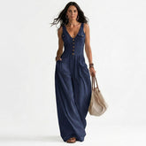 Sleeveless V-Neck Button-Front Wide Leg Jumpsuit with Pockets