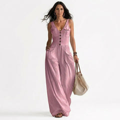Sleeveless V-Neck Button-Front Wide Leg Jumpsuit with Pockets