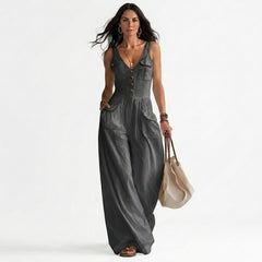 Sleeveless V-Neck Button-Front Wide Leg Jumpsuit with Pockets