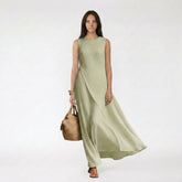 Sleeveless Round Neck Wrap Front Flowy Maxi Dress