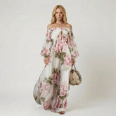Off-the-Shoulder Floral Print Lantern Sleeve Maxi Dress