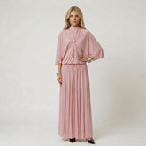 High Neck Cape Sleeve Pleated Maxi Dress with Ornament