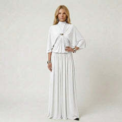 High Neck Cape Sleeve Pleated Maxi Dress with Ornament