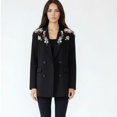 Black Double-Breasted Blazer with Intricate Beaded Shoulders