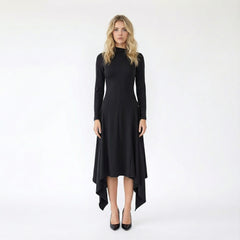 Long-Sleeve High-Neck Dress with Asymmetrical Draped Hem