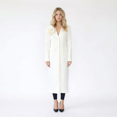 Long Blazer Dress with Oversized Shoulder Flower Accent