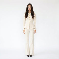 Round Neck Buckle Short Top with Micro Flared Pants Set