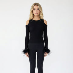 Off shoulder long sleeved feather knit sweater