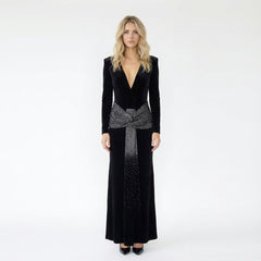 Velvet Deep V Crystal Bow Maxi Dress
