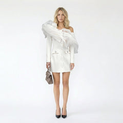 Tulle Ruffle Embellished Off Shoulder Blazer Dress