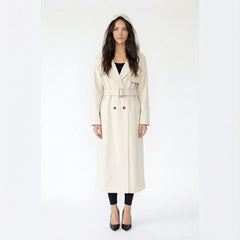 Hooded Double-Breasted Long Trench Coat with Belt