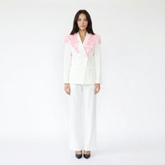 Floral Appliqué Blazer and Wide-Leg Pant Suit