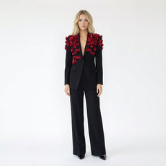 Floral Appliqué Blazer and Wide-Leg Pant Suit