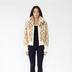 Leopard Print Faux Fur Bomber Jacket with Buckled Collar