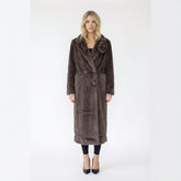 Double-Breasted Faux Fur Coat with Floral Pin Detail
