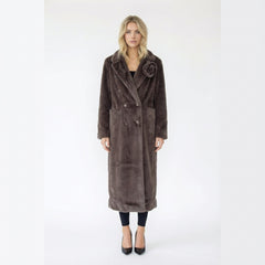 Double-Breasted Faux Fur Coat with Floral Pin Detail