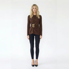 Long Sleeve Crewneck Top with Gold Keyhole Hardware