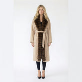 Long Belted Coat with Contrast Faux Fur Trim
