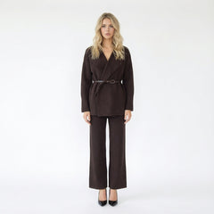 Belted Knit Cardigan and Wide-Leg Trousers Two-Piece Set
