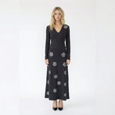 V-Neck Top and Skirt Set with Rhinestone Rose Accents