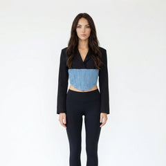 Cropped Blazer with Integrated Denim Corset Waist Detail