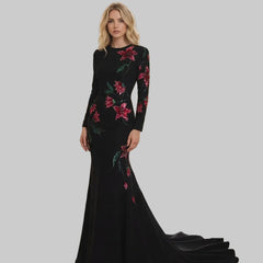Embellished Floral Long Sleeve Column Maxi Dress