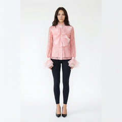 Embellished Lace Blouse with Layered Ruffle Trim and Flared Cuffs