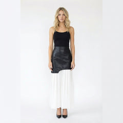 Asymmetric Faux-Leather Layered Pleated Maxi Skirt