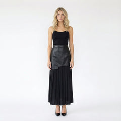 Asymmetric Faux-Leather Layered Pleated Maxi Skirt