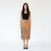Tiered Suede Fringe Midi Skirt