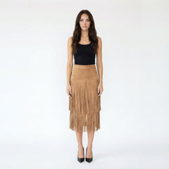 Tiered Suede Fringe Midi Skirt