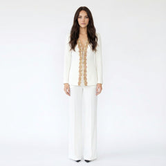 Embroidered Deep-V Blazer and Trouser Suit Set