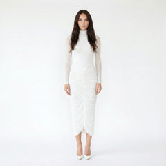 High-Neck Long-Sleeve Ruched Midi Dress