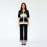Striped Button-Down Knit Cardigan and Wide-Leg Pants Set