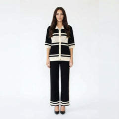 Striped Button-Down Knit Cardigan and Wide-Leg Pants Set