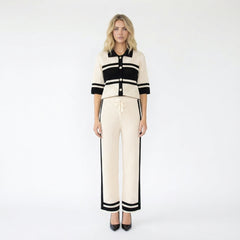 Striped Button-Down Knit Cardigan and Wide-Leg Pants Set