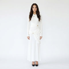 Long-Sleeve Ruched Maxi Dress with Gold Hardware Accents