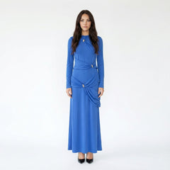 Long-Sleeve Ruched Maxi Dress with Gold Hardware Accents