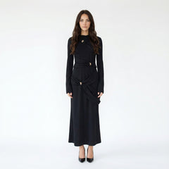 Long-Sleeve Ruched Maxi Dress with Gold Hardware Accents