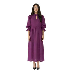 Puff-Sleeve Collared Midi Dress with Keyhole Detail