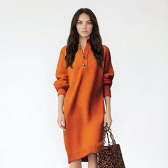 Long-Sleeve Ribbed Knit Henley Midi Dress