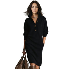 Long-Sleeve Ribbed Knit Henley Midi Dress