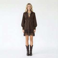 V-Neck Long-Sleeve Mini Dress with Fringe Trim