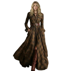 Long-Sleeve Plaid Maxi Shirt Dress with Belt