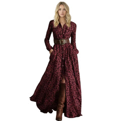 Long-Sleeve Plaid Maxi Shirt Dress with Belt