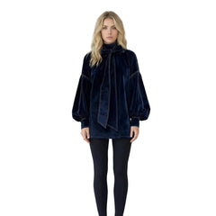 Elegant High Neck Bow Velvet Bloom Sleeve Mini Dress