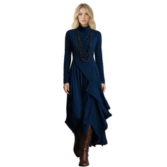 Draped Turtleneck Long Sleeve Maxi Dress with Pockets