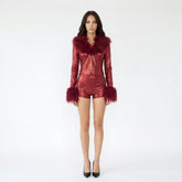Metallic Crocodile Print Two-Piece Set with Faux Fur Trim
